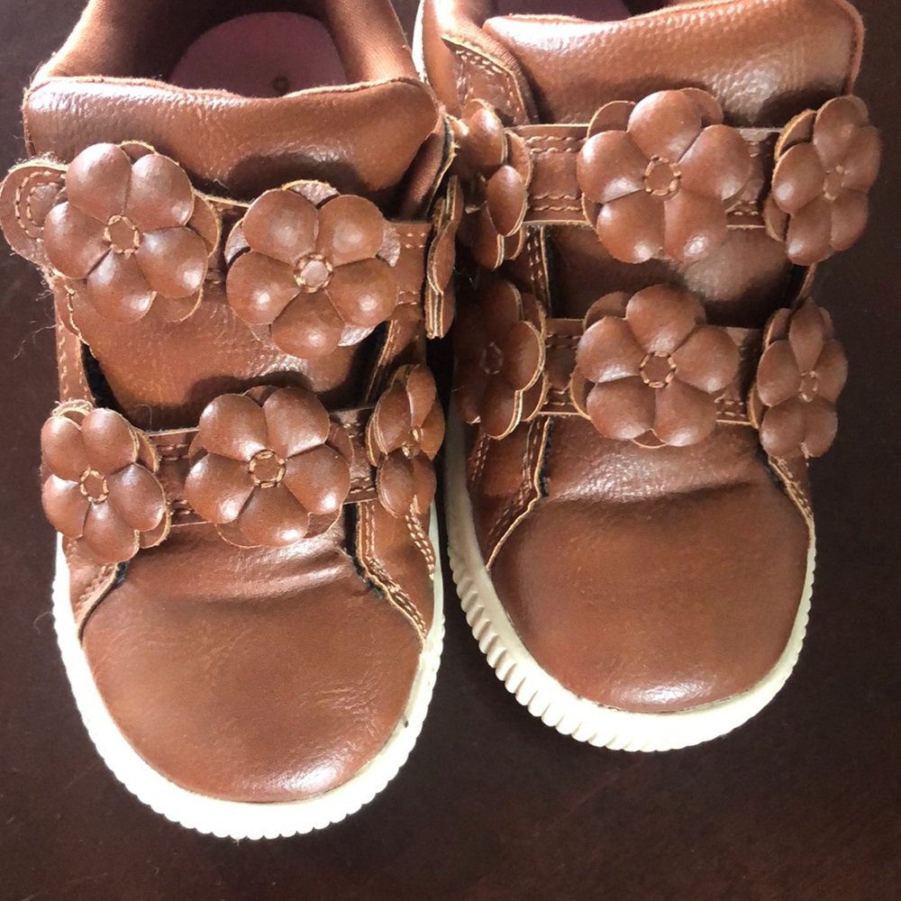 Carters girls Brown leather slip on shoes with flower Velcro straps- size 9